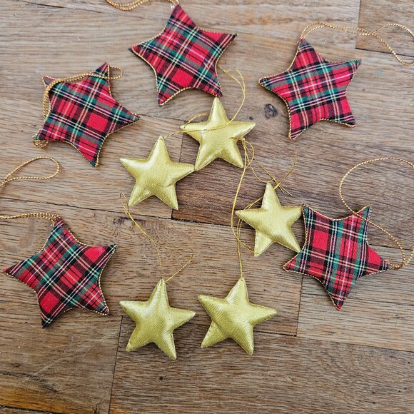 Vintage 80s 90s Red Plaid Golden Puffy Fabric Star Small Christmas Ornaments Set - Picture 1 of 4